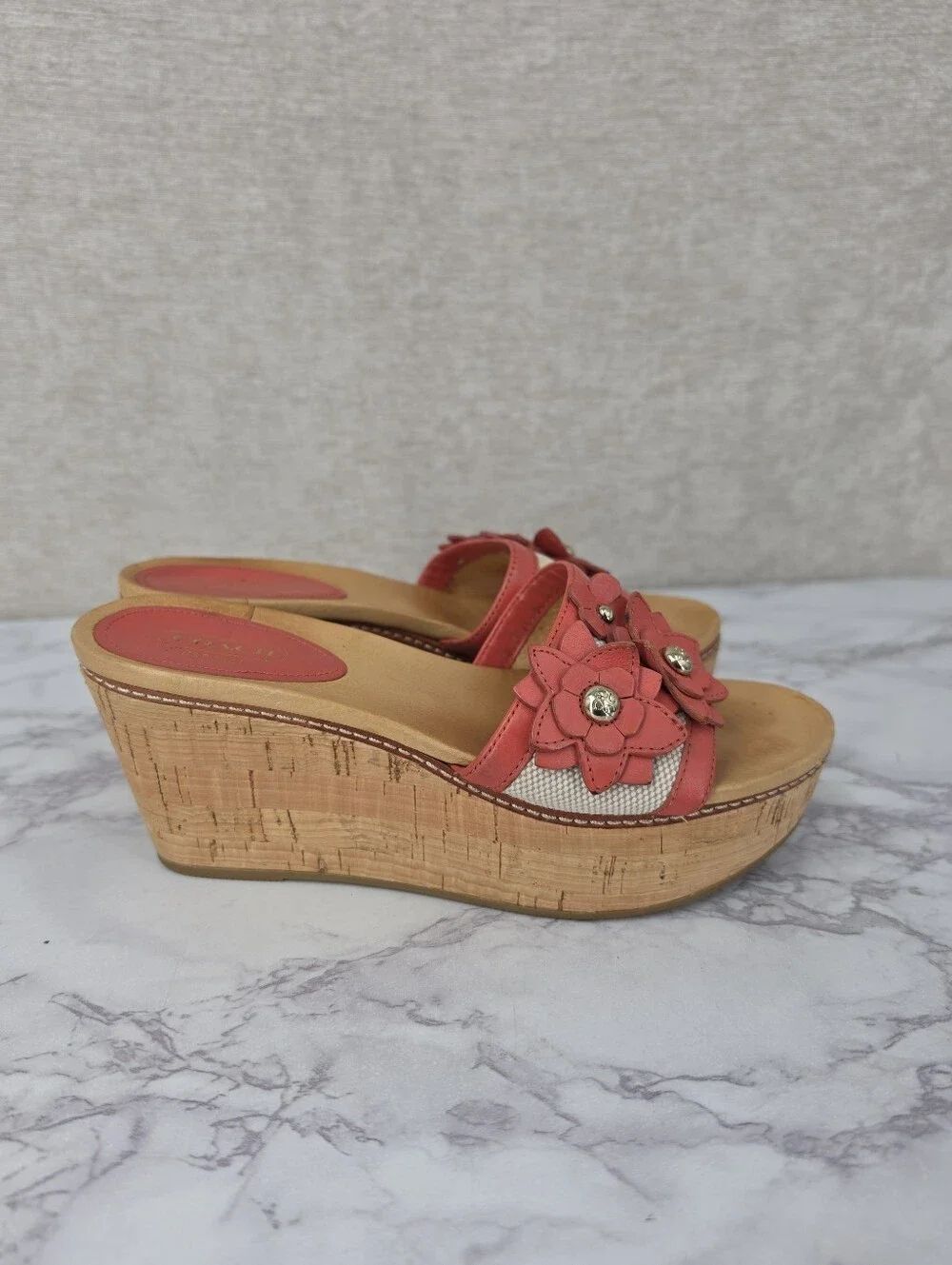 COACH Jesaca Coral Floral Leather Cork Wedge Sandals Tea Flowers